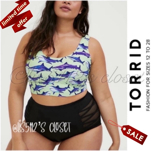 Torrid Mint Green Shark Print Scoop Bikini Top & Bottoms Swimsuit SET 0X L 12 - Picture 1 of 15